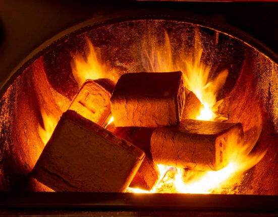 Puitbrikett Harjumaal kaminas põlemas